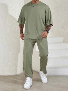 Manfinity Homme Men's Plus Size Loose Fit Solid Color Drop Shoulder T-Shirt & Pants Set - Army Green - View 6