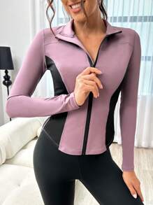 SHEIN Daily&Casual 雙色拉鏈開襟拇指孔運動夾克 - 紫色 - 查看 3
