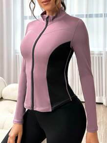 SHEIN Daily&Casual 雙色拉鏈開襟拇指孔運動夾克 - 紫色 - 查看 5