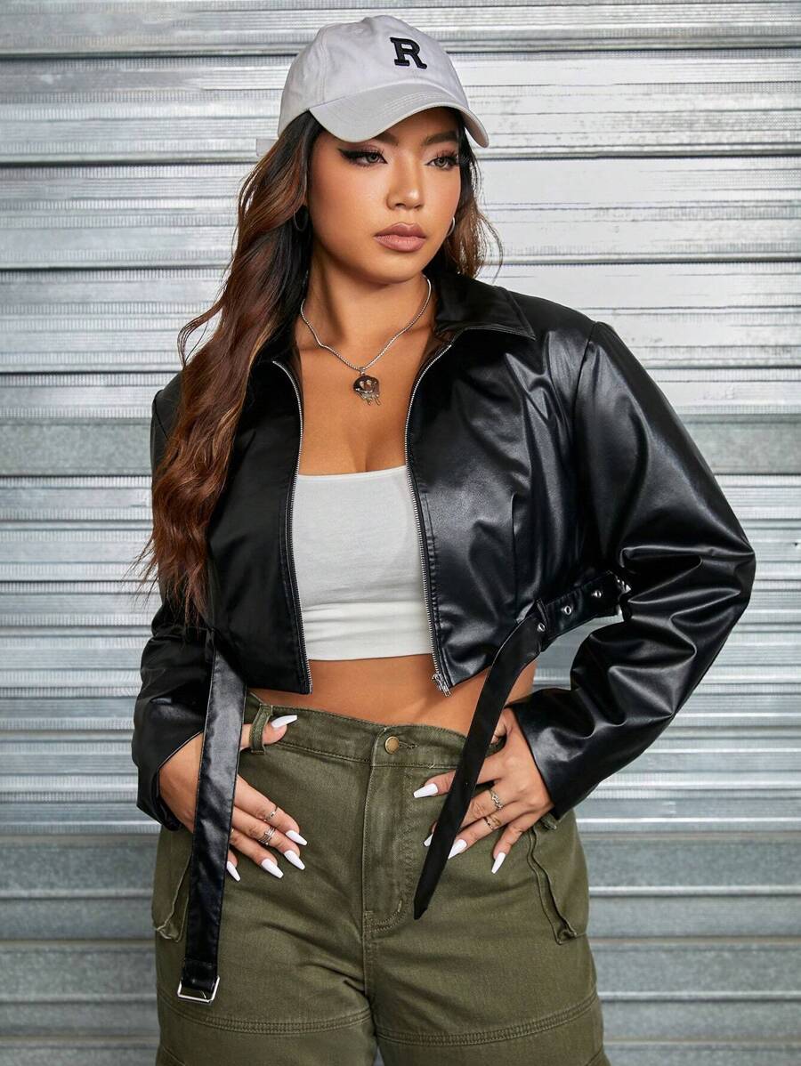 SHEIN EZwear Plus Buckle Detail PU Leather Crop Jacket - Black - View 1
