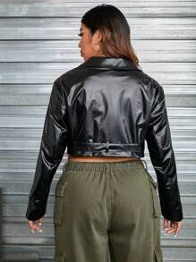 SHEIN EZwear Plus Buckle Detail PU Leather Crop Jacket - Black - View 2