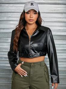 SHEIN EZwear Plus Buckle Detail PU Leather Crop Jacket - Black - View 3