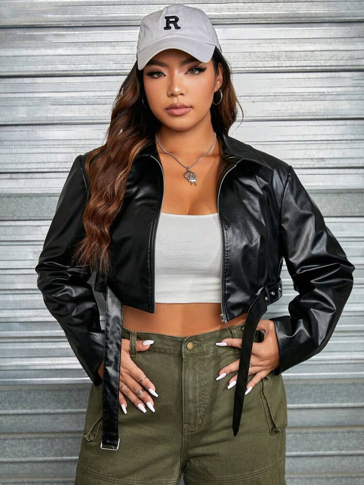SHEIN EZwear Plus Buckle Detail PU Leather Crop Jacket | SHEIN