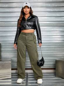 SHEIN EZwear Plus Buckle Detail PU Leather Crop Jacket - Black - View 6