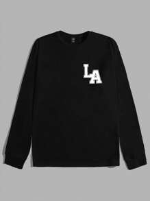 Manfinity BRENVOR 男士字母图案T恤，夏季/秋季，长袖上衣 - 黑色 - 查看 1