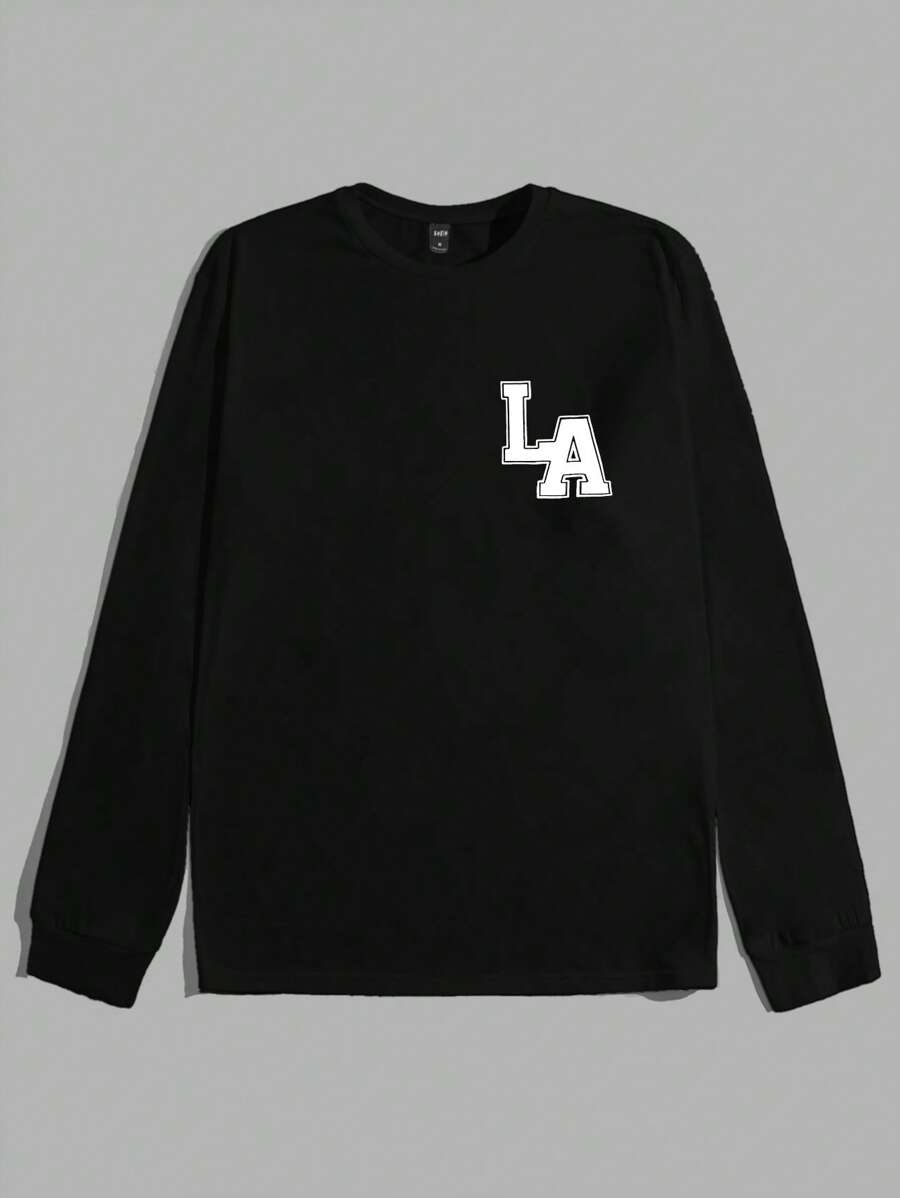 Manfinity BRENVOR 男士字母图案T恤，夏季/秋季，长袖上衣 - 黑色 - 查看 1