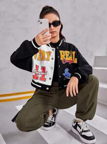 SHEIN Teen Girl Letter Graphic Drop Shoulder Varsity Jacket,In Fall/Winter - Black and White - View 4