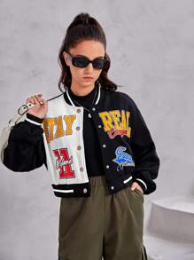SHEIN Teen Girl Letter Graphic Drop Shoulder Varsity Jacket,In Fall/Winter - Black and White - View 5