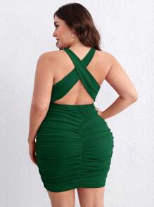 SHEIN Privé Plus Crisscross Backless Ruched Bodycon Dress - Dark Green - View 1