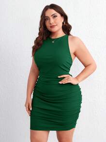 SHEIN Privé Plus Crisscross Backless Ruched Bodycon Dress - Dark Green - View 4