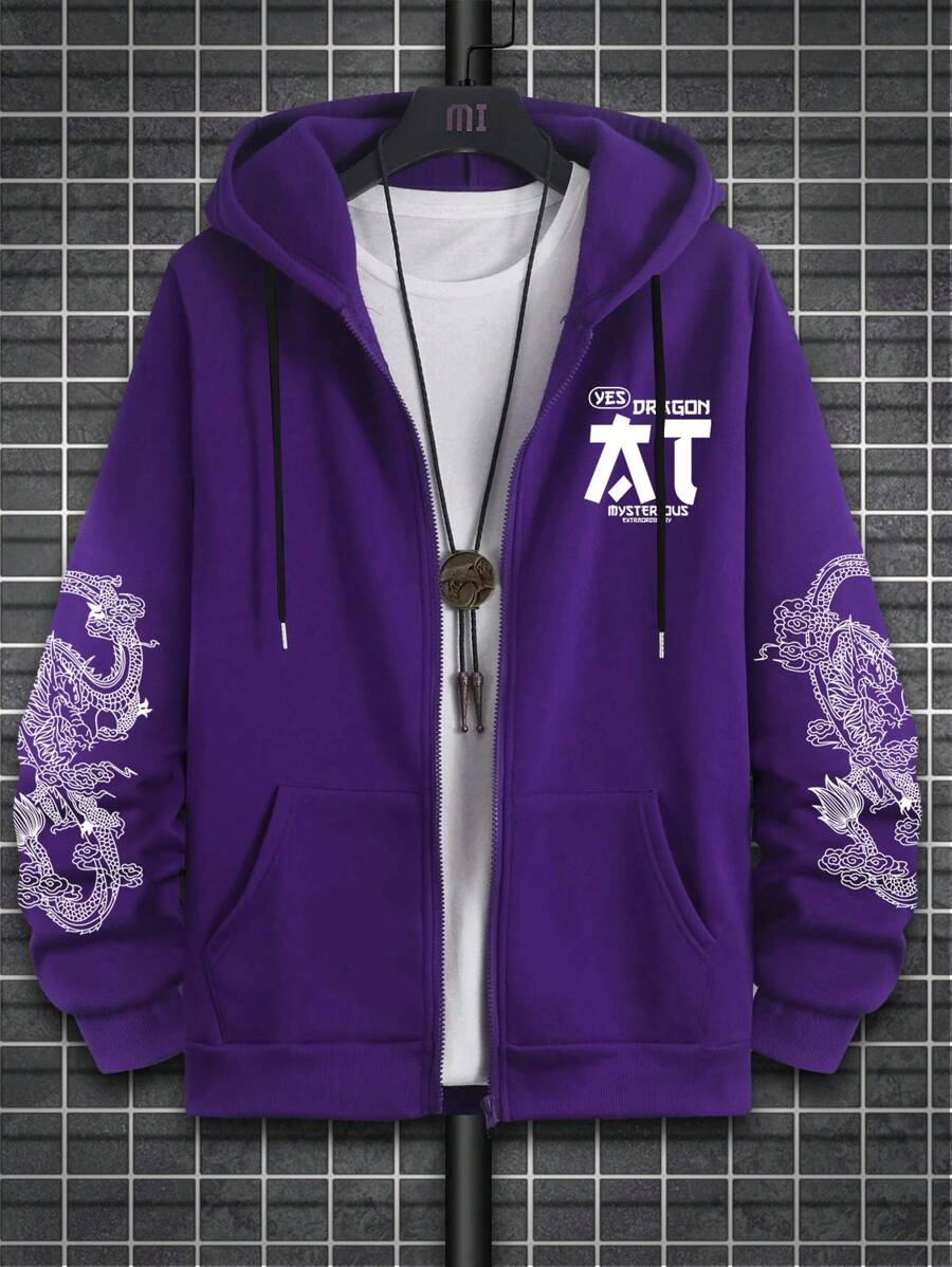 Manfinity EMRG Men Plus Dragon & Letter Graphic Zip Up Thermal Lined