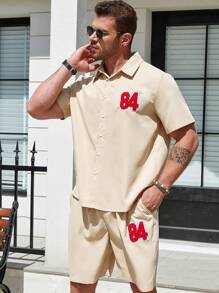 Manfinity Homme Men Plus Letter Graphic Shirt & Shorts - Khaki - View 1