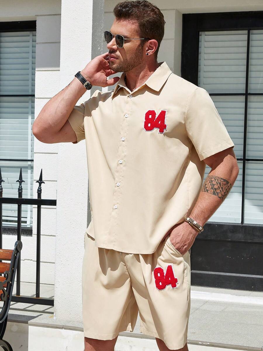 Manfinity Homme Men Plus Letter Graphic Shirt & Shorts - Khaki - View 1