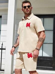 Manfinity Homme Men Plus Letter Graphic Shirt & Shorts - Khaki - View 3