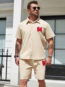 Manfinity Homme Men Plus Letter Graphic Shirt & Shorts - Khaki - View 4