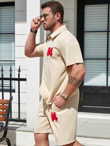 Manfinity Homme Men Plus Letter Graphic Shirt & Shorts - Khaki - View 5