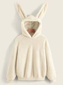 SHEIN EZwear 3D Ear Design Teddy Hoodie - Beige - View 2