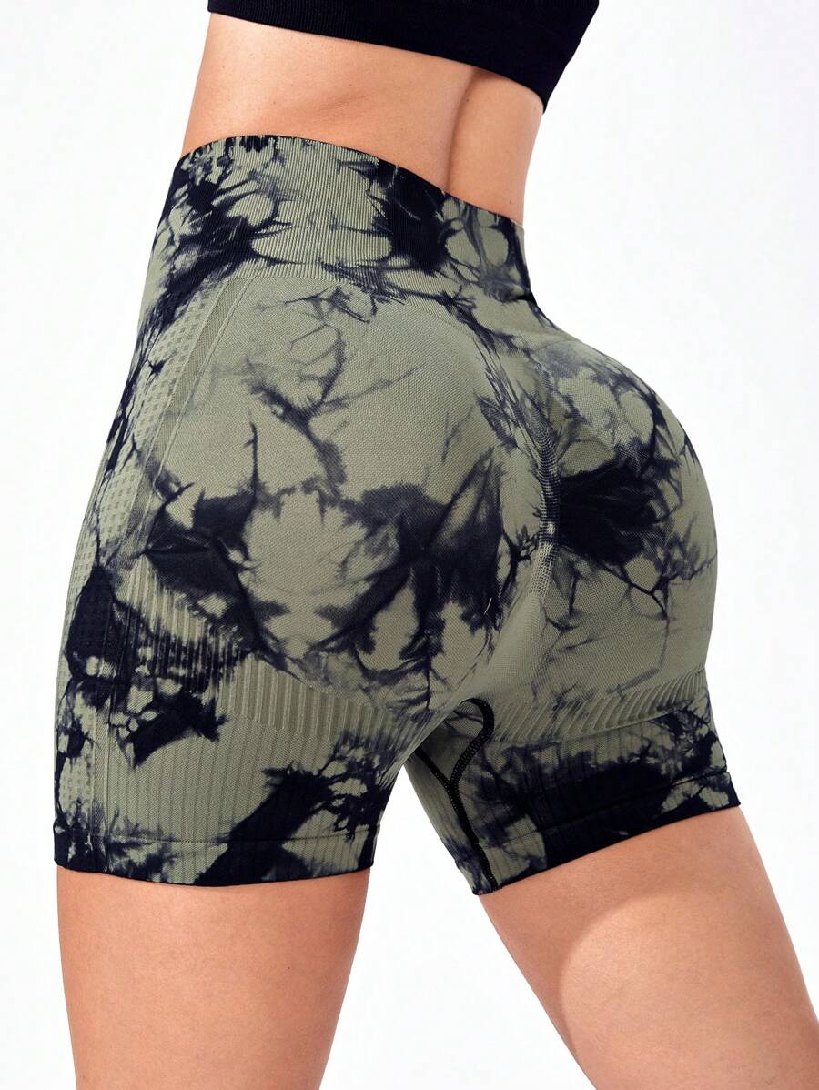 SHEIN Yoga Trendy 紮染寬腰帶運動短褲 - 軍綠色 - 查看 1