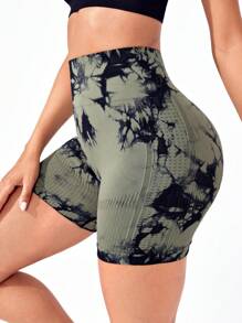 SHEIN Yoga Trendy 紮染寬腰帶運動短褲 - 軍綠色 - 查看 2