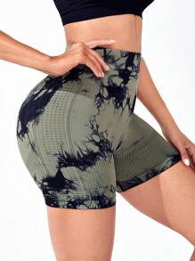 SHEIN Yoga Trendy 紮染寬腰帶運動短褲 - 軍綠色 - 查看 4