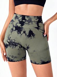 SHEIN Yoga Trendy 紮染寬腰帶運動短褲 - 軍綠色 - 查看 5
