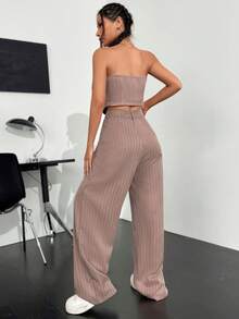 SHEIN Unity 前紐扣抹胸上衣&闊腿褲 - 卡其色 - 查看 2