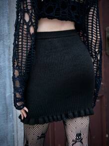 ROMWE PUNK Solid Ruffle Hem Knit Skirt - Black - View 3
