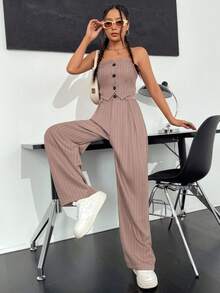 SHEIN Unity 前紐扣抹胸上衣&闊腿褲 - 卡其色 - 查看 5