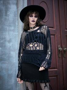 ROMWE PUNK Solid Ruffle Hem Knit Skirt - Black - View 1