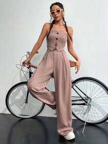 SHEIN Unity 前紐扣抹胸上衣&闊腿褲 - 卡其色 - 查看 6