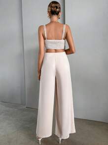 SHEIN Essnce unicolor Top de tirantes & Pantalones de pierna ancha - Caqui - Ver 2