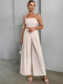 SHEIN Essnce unicolor Top de tirantes & Pantalones de pierna ancha - Caqui - Ver 3