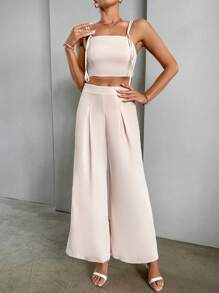 SHEIN Essnce unicolor Top de tirantes & Pantalones de pierna ancha - Caqui - Ver 4