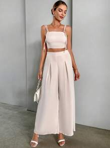 SHEIN Essnce unicolor Top de tirantes & Pantalones de pierna ancha - Caqui - Ver 5