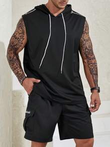 Manfinity Homme 男士大码抽繩連帽背心上衣&翻蓋口袋短褲