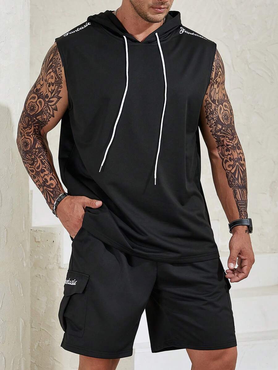 Manfinity Homme 男士大码抽繩連帽背心上衣&翻蓋口袋短褲