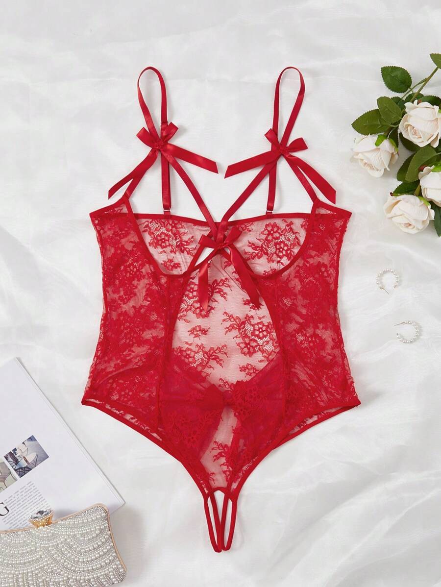 大碼花卉蕾絲前蝴蝶結性感緊身連體衣不附襯裏 - 紅色 - 查看 1