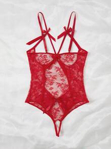 大碼花卉蕾絲前蝴蝶結性感緊身連體衣不附襯裏 - 紅色 - 查看 2