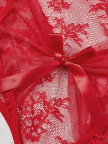 大碼花卉蕾絲前蝴蝶結性感緊身連體衣不附襯裏 - 紅色 - 查看 3