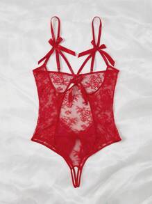 大碼花卉蕾絲前蝴蝶結性感緊身連體衣不附襯裏 - 紅色 - 查看 4