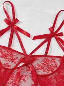 大碼花卉蕾絲前蝴蝶結性感緊身連體衣不附襯裏 - 紅色 - 查看 5