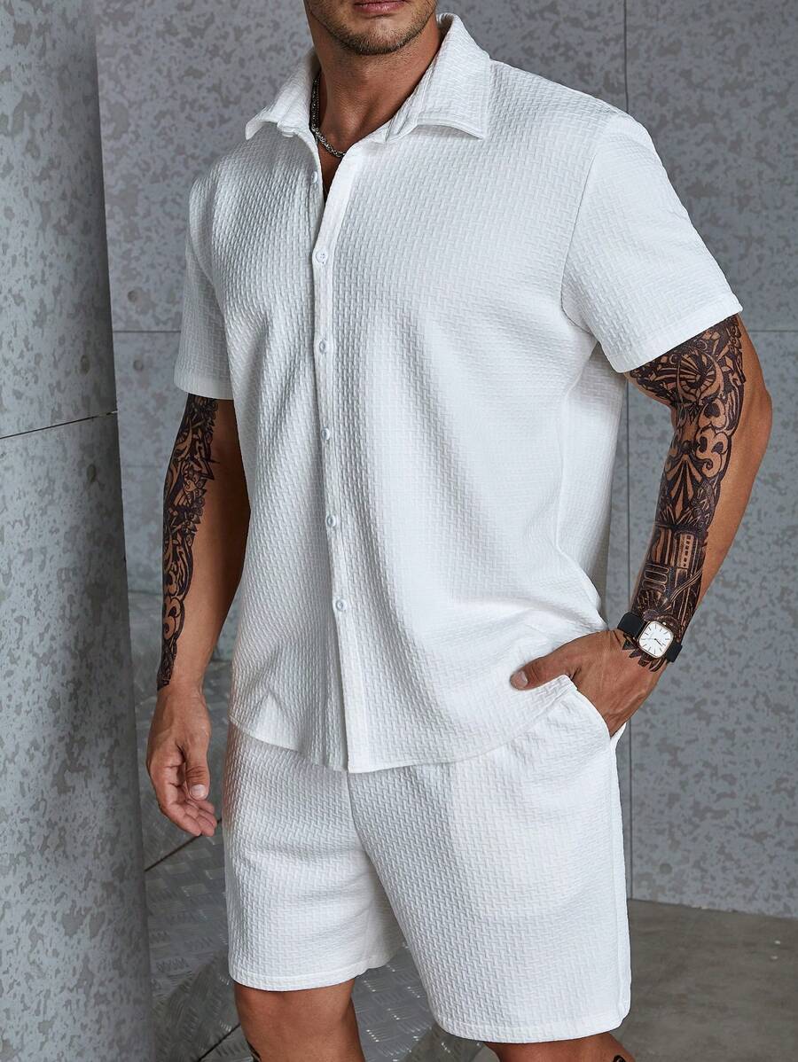 Manfinity Homme Hombres talla grande unicolor con botón Camisa & Shorts - Blanco - Ver 1