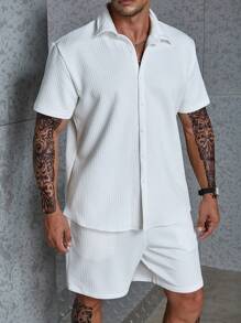 Manfinity Homme Hombres talla grande unicolor con botón Camisa & Shorts - Blanco - Ver 5