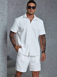 Manfinity Homme Hombres talla grande unicolor con botón Camisa & Shorts - Blanco - Ver 7