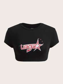 SHEIN ICON 星星和字母圖案短款上衣 - 黑色 - 查看 1