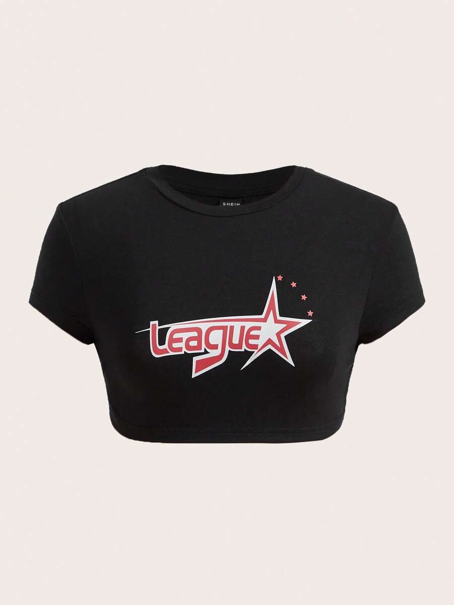 SHEIN ICON 星星和字母圖案短款上衣 - 黑色 - 查看 1