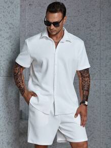 Manfinity Homme Hombres talla grande unicolor con botón Camisa & Shorts - Blanco - Ver 8