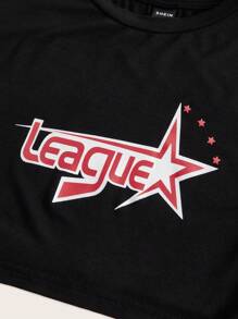 SHEIN ICON 星星和字母圖案短款上衣 - 黑色 - 查看 3