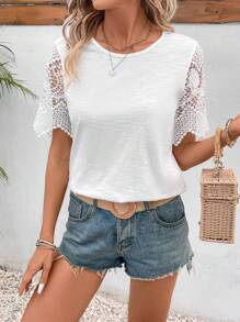 SHEIN Frenchy Contrast Guipure Lace Tee - White - View 1