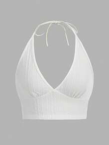 SHEIN EZwear Summer Solid Backless Crop Halter Top - White - View 1